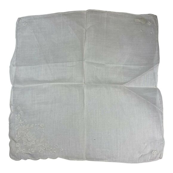 Vintage Gerbrend Linen White Handkerchief Embroidered White Flower Leaf Design - Picture 4 of 6